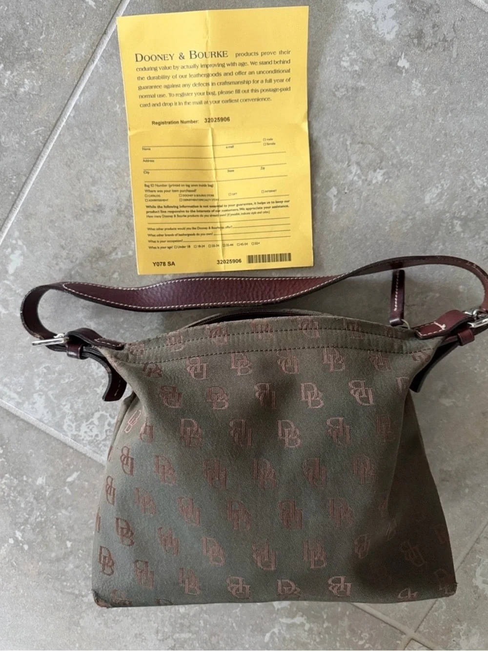 Vintage Dooney & Bourke Olive Monogram Hobo with Brown Leather Strap